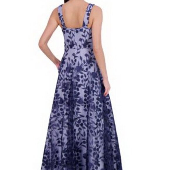 Eliza J Navy Blue Embroidered Floral Illusion Lace A-Line Gown - Picture 4 of 5